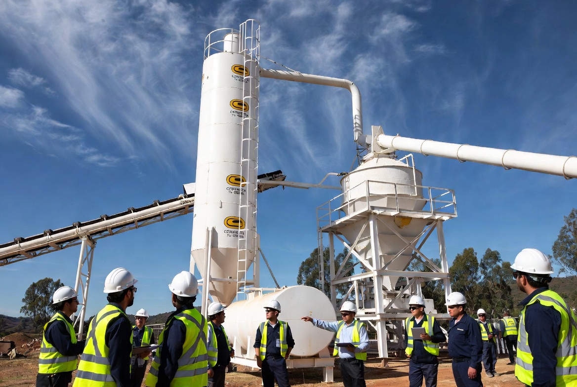A professional industrial logistics hub featuring heavy-duty concrete mixing trucks lined up at a loading bay.