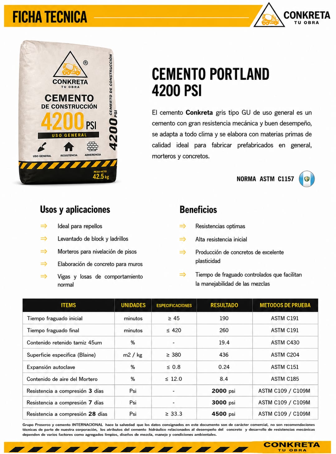 Ficha técnica Cemento 4200 PSI