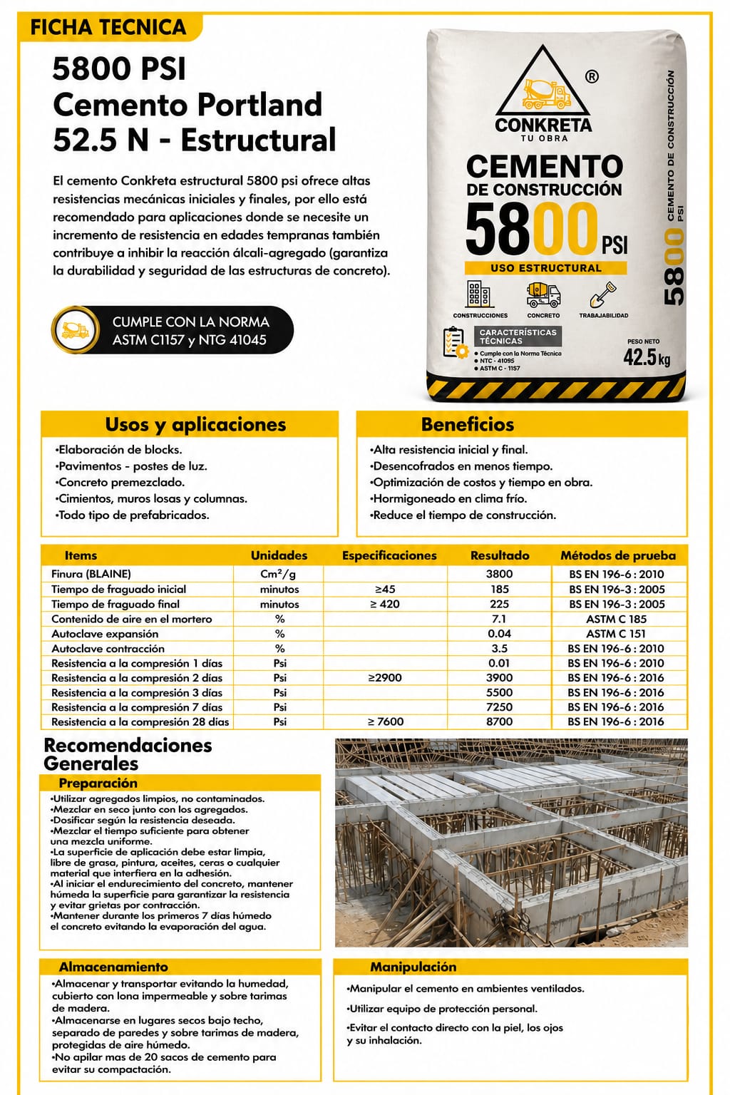 Ficha técnica Cemento 5800 PSI